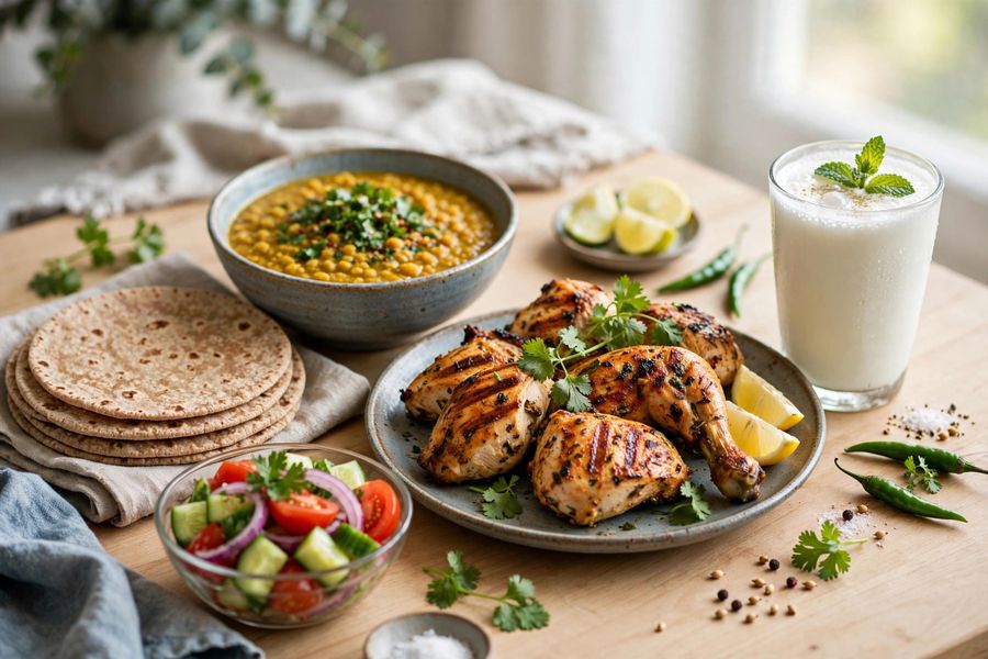 Healthy Pakistani home meal — grilled chicken, daal, roti and salad