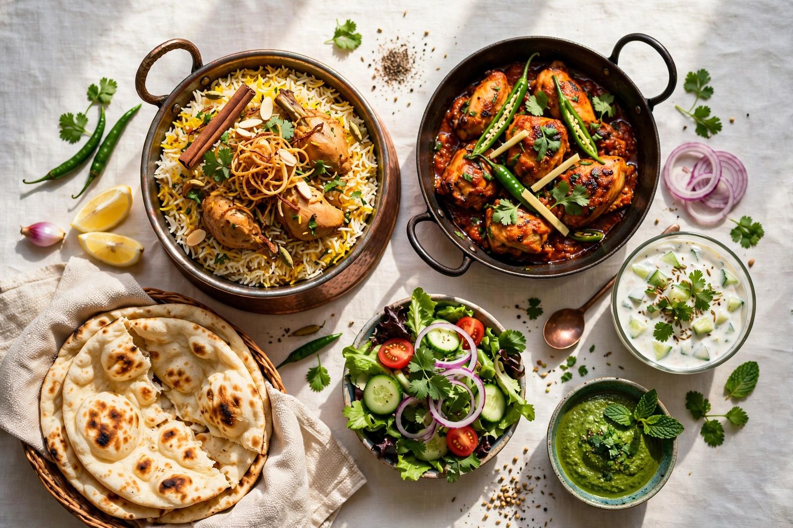 Healthy Pakistani food — daal, curry, raita and naan served fresh
